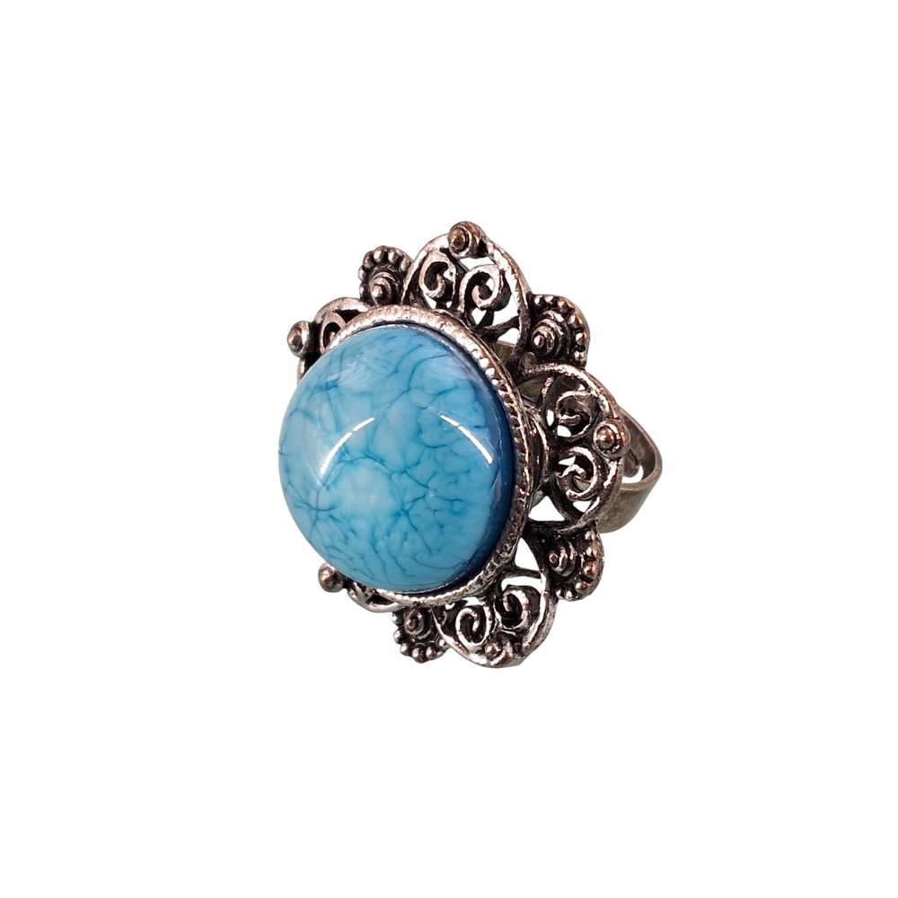 Vintage Blue Marbled Filigree Cocktail Ring‎ Adjustable Silver Tone Statement